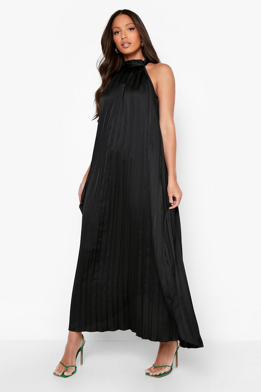 Black Tall Satin Pleated Maxi Dress image number 1