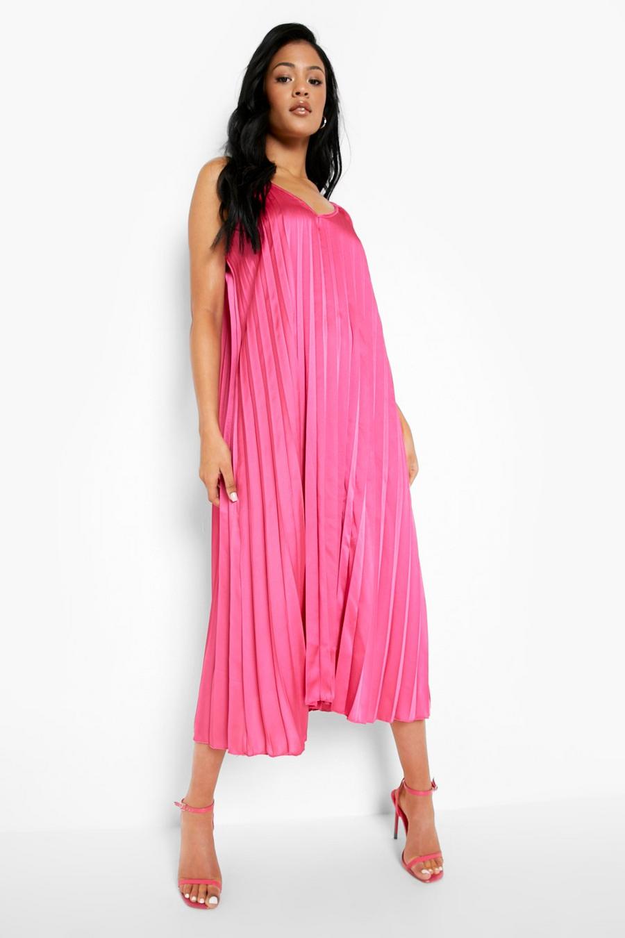 Hot pink Tall Pleated Satin Strappy Midi Dress image number 1