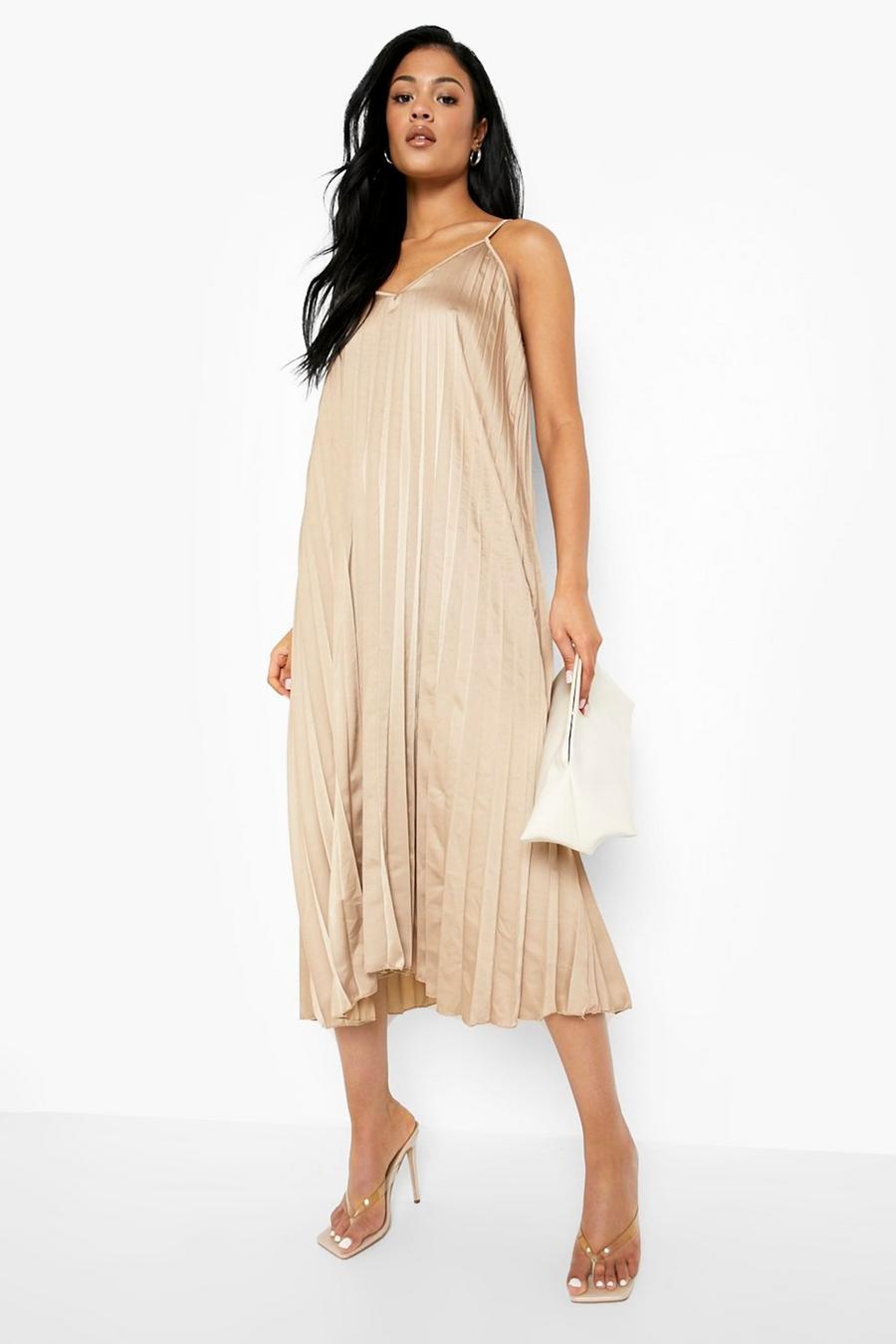 Taupe Tall Pleated Satin Strappy Midi Dress image number 1