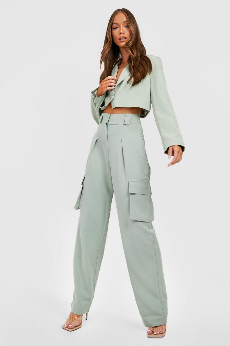Sage green Tailored Utility Pocket Wide Leg Trousers