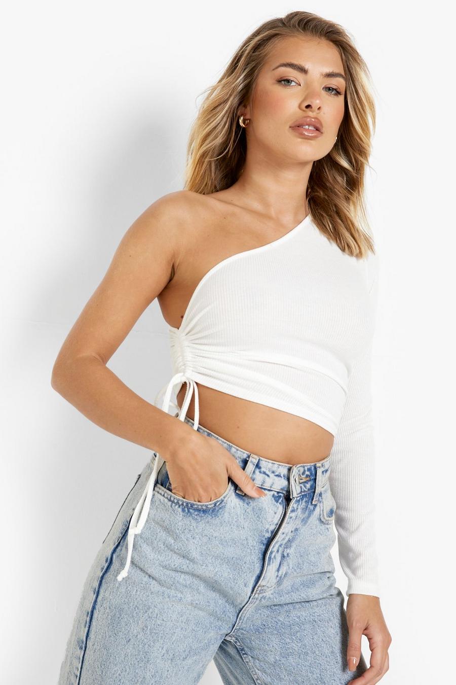 Ivory white Rib One Shoulder Side Ruched Top