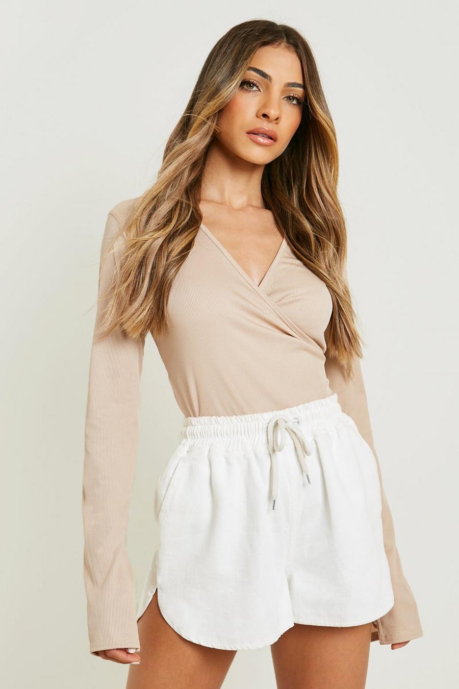 Stone beige Rib Flare Cuff Wrap Top image number 1
