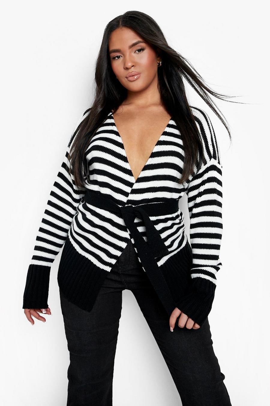 Black Plus Knitted Stripe Belted Cardigan