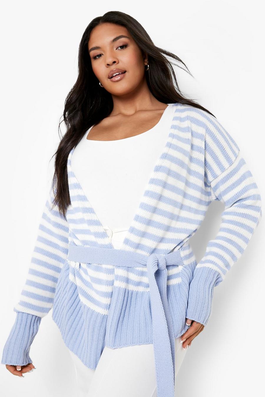Sky blue Plus Knitted Stripe Belted Cardigan image number 1
