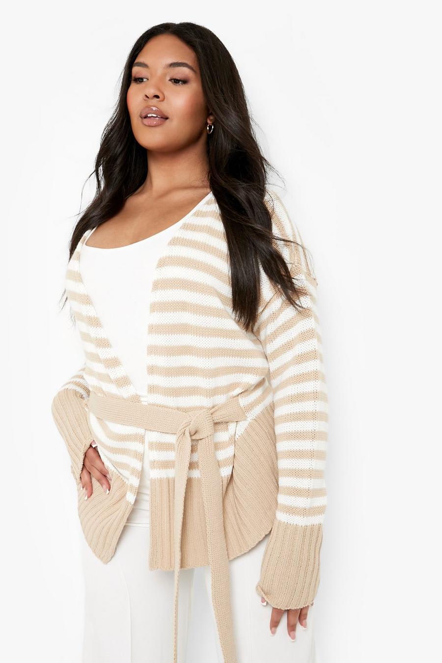 Stone Plus Knitted Stripe Belted Cardigan image number 1