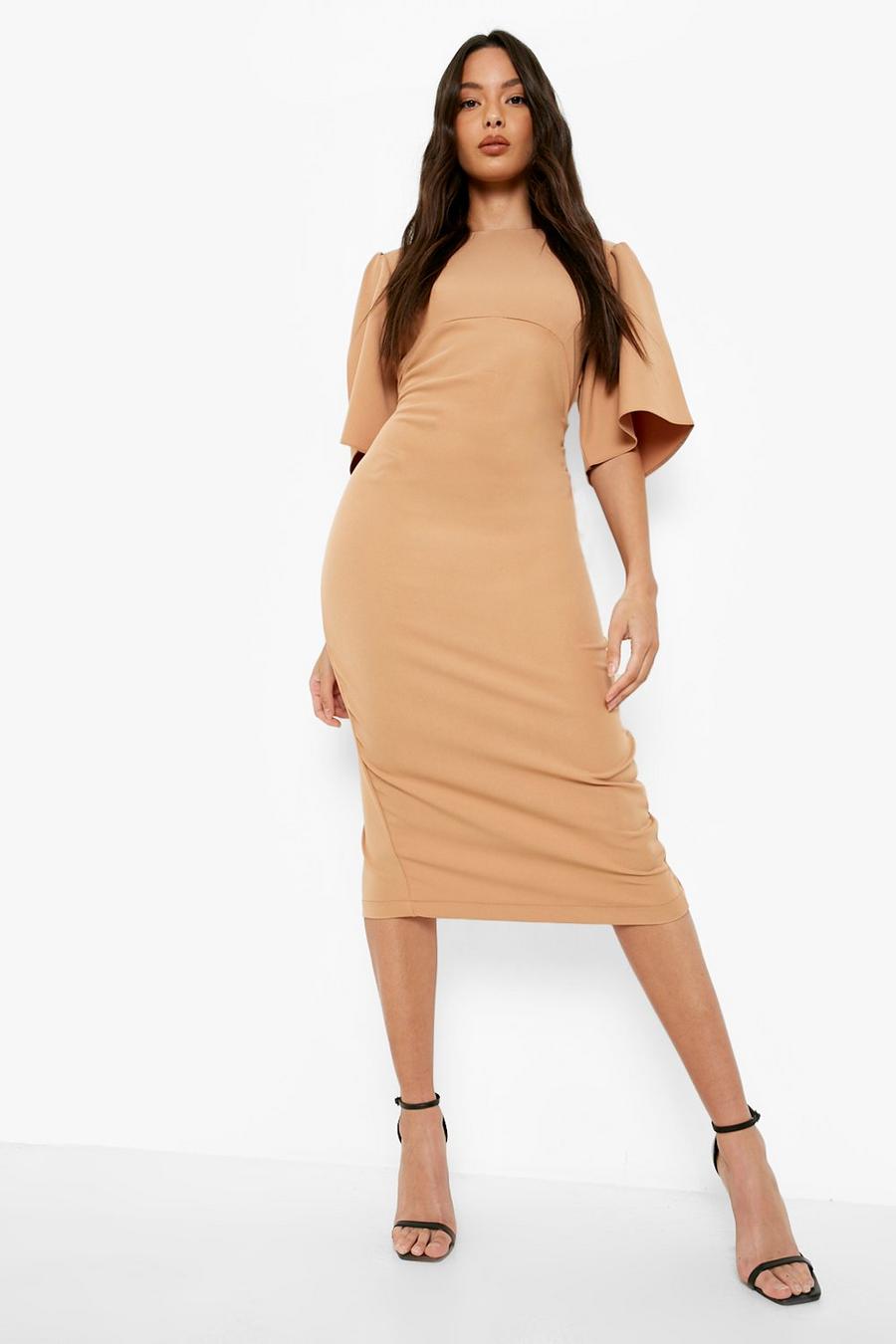 Camel Ruched Side Angel Sleeve Woven Midi Dress  image number 1