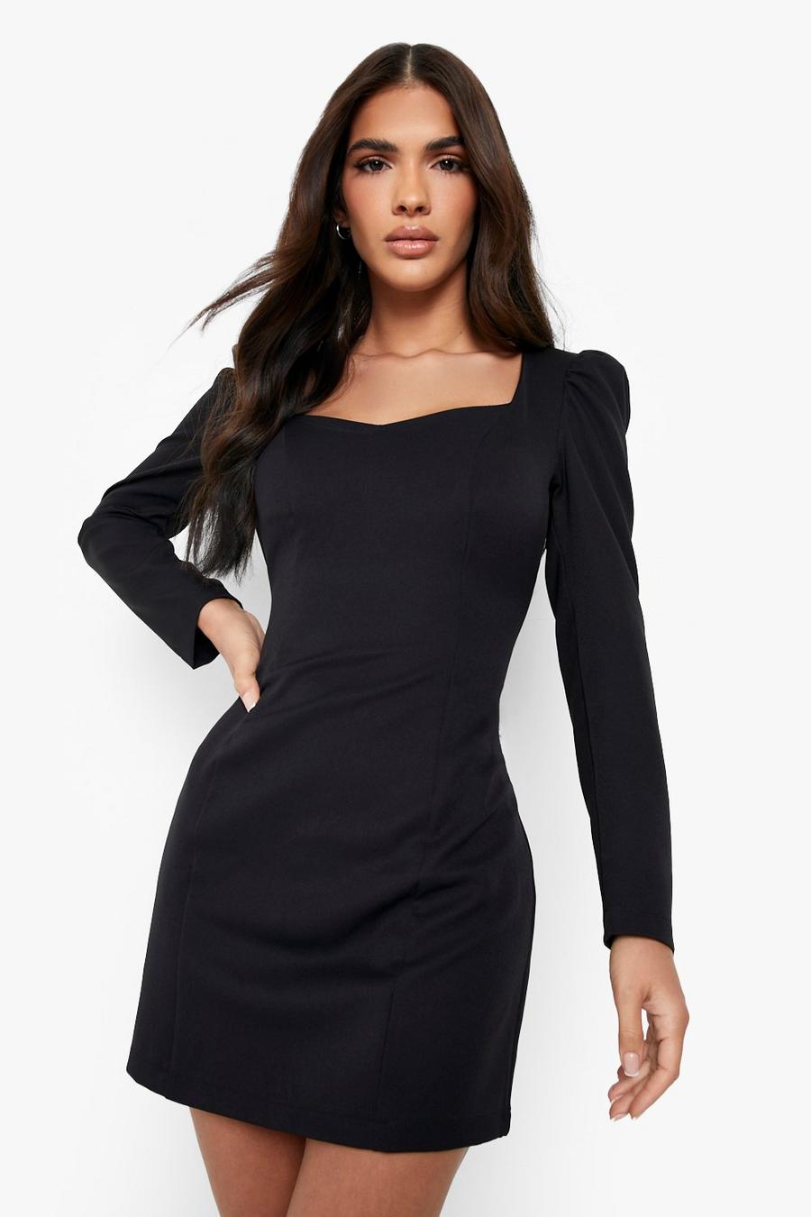 Black Ruched Sleeve Sweetheart Neck Woven Shift