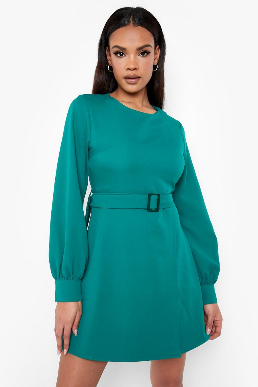 Emerald Belted Puff Sleeve Woven Shift Dress image number 1