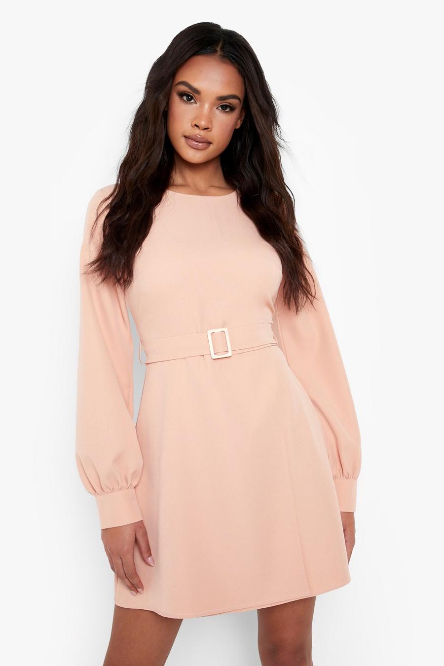 Nude Belted Puff Sleeve Woven Shift Dress image number 1