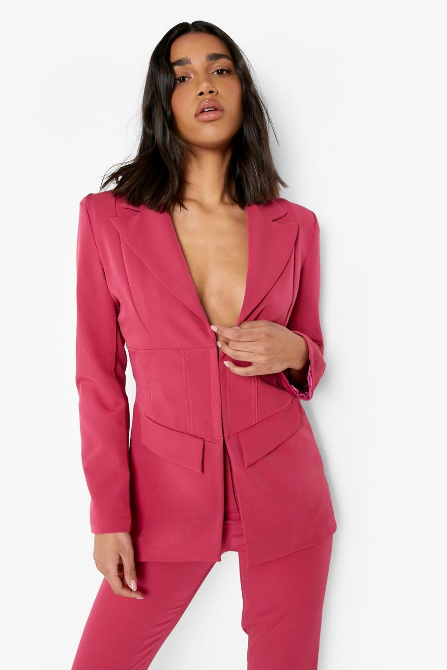Blazer de costume effet corset à revers crantés, Hot pink image number 1