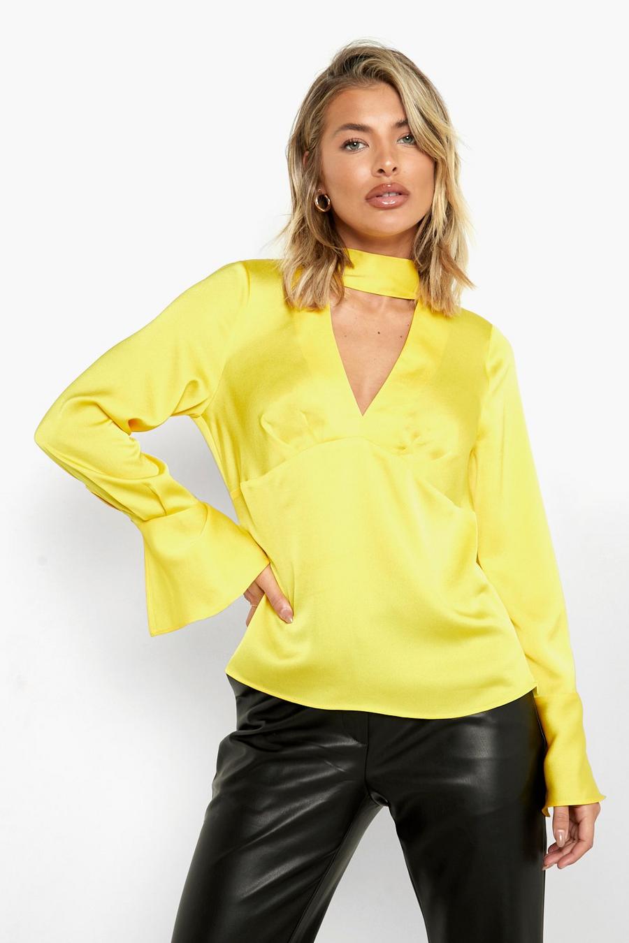 Yellow Satin Plunge Flare Cuff Blouse image number 1