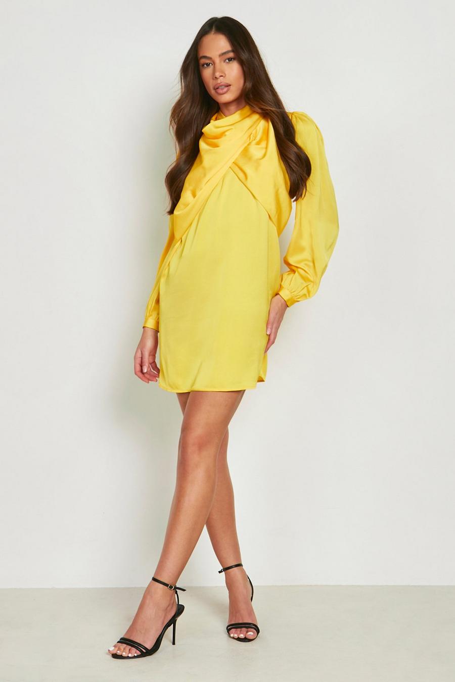 Vestido recto de raso cruzado con mangas de globo, Yellow image number 1