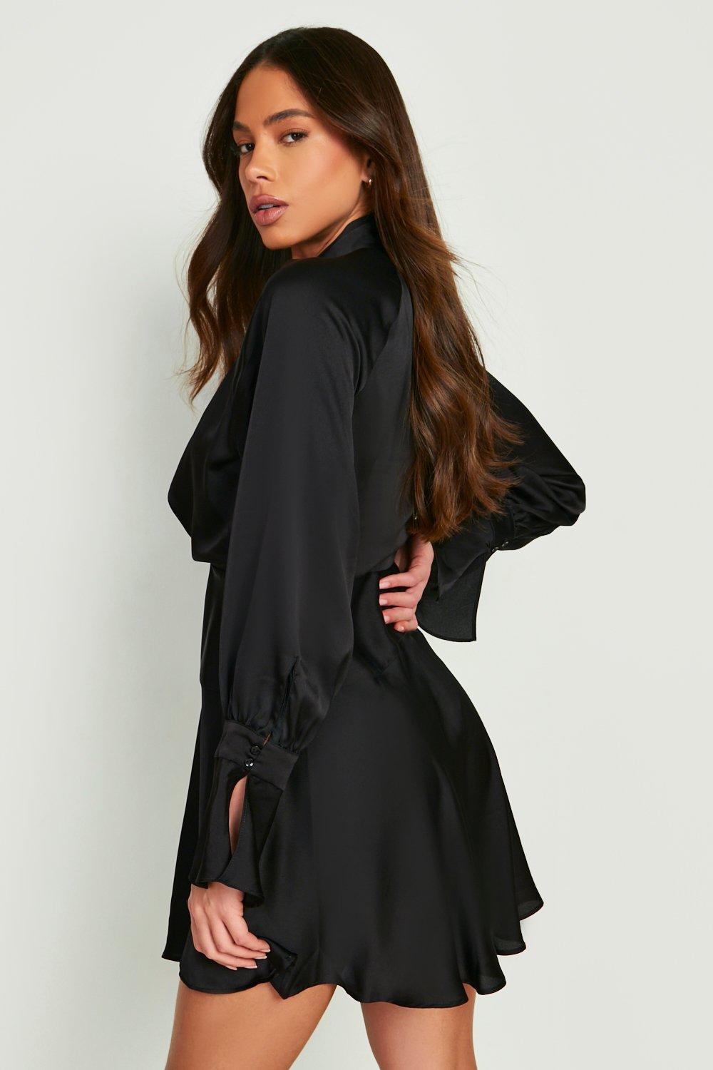 Satin High Neck Draped Skater Dress boohoo CA