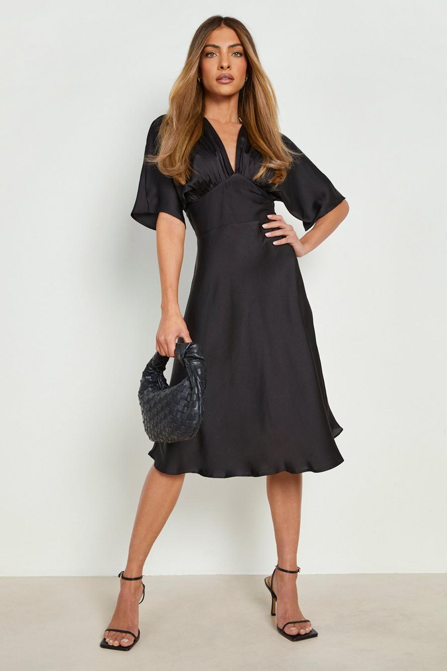 Black Satin Batwing Midi Skater Dress image number 1