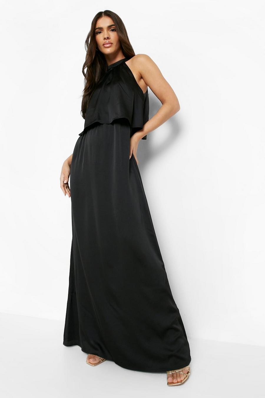 Black Satin Halterneck Double Layer Maxi Dress image number 1