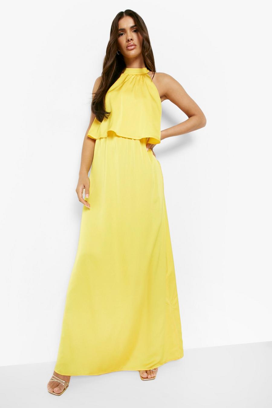 Yellow amarillo שמלת מקסי דו-שכבתית מסאטן עם צווארון קולר