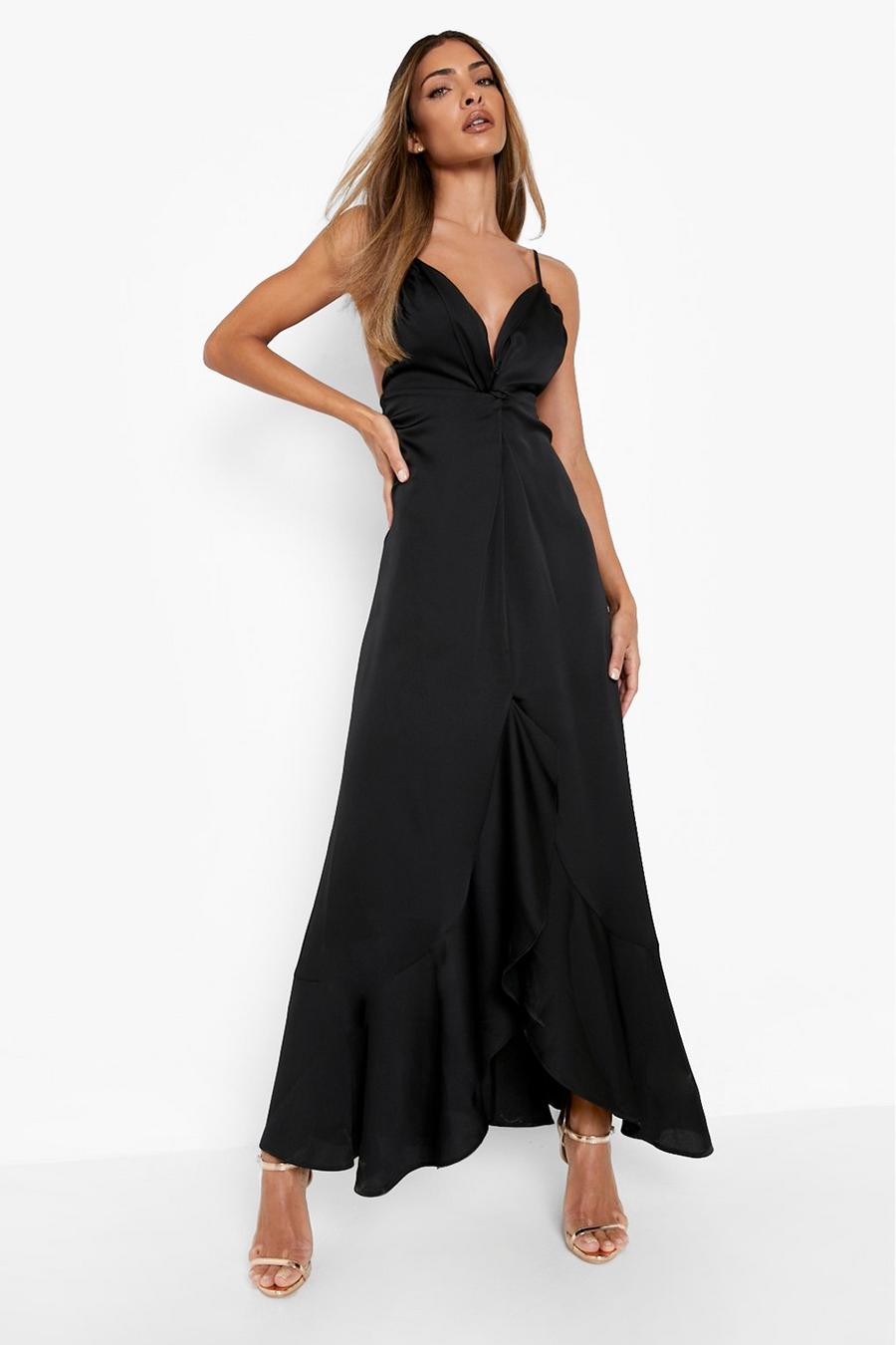 Black שמלת סאטן מקסי עם מלמלה ומחשוף גב נמוך image number 1