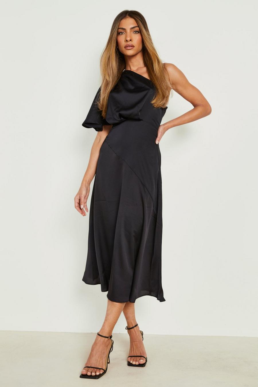 Black Satin Asymmetric Midi Dress