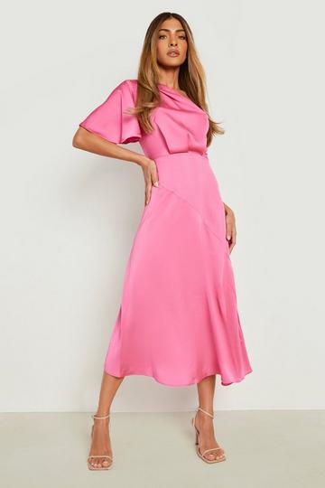 Pink Satin Asymmetric Midi Dress