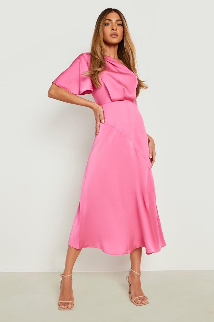 Hot pink rosa Satin Asymmetric Midaxi Dress