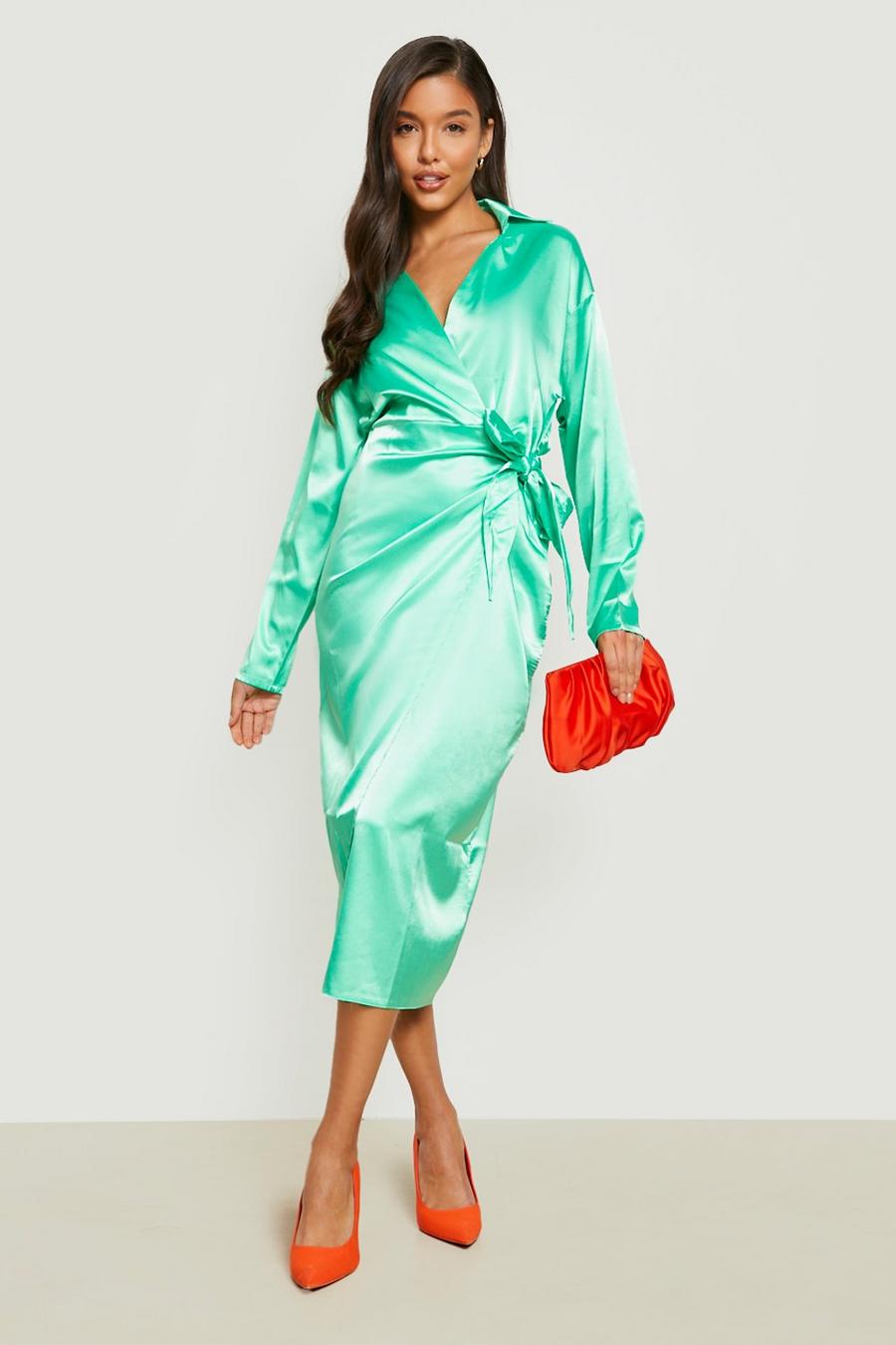 Green Satin Wrap Midi Shirt Dress image number 1