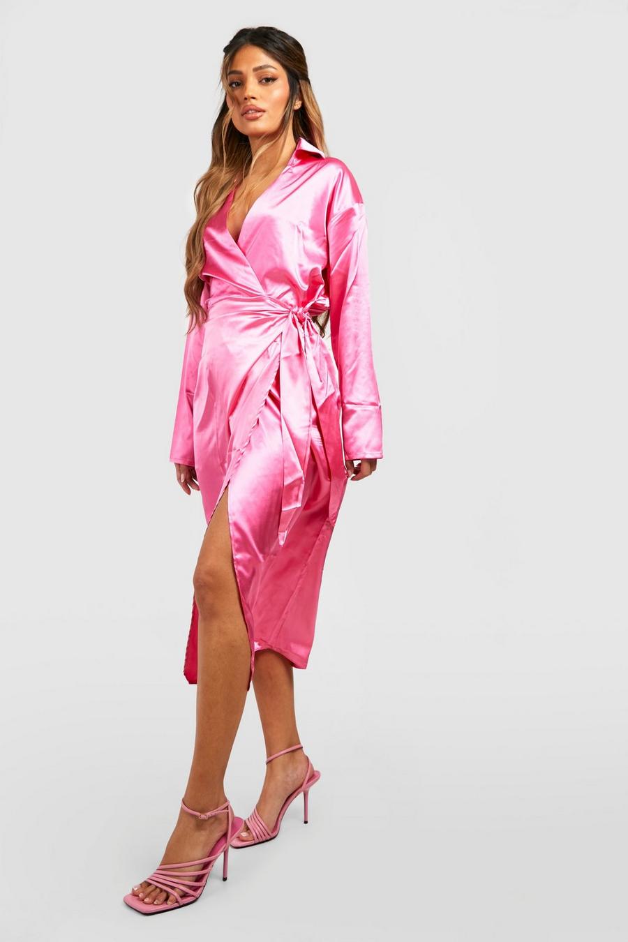 Hot pink rosa Satin Wrap Midaxi Shirt Dress