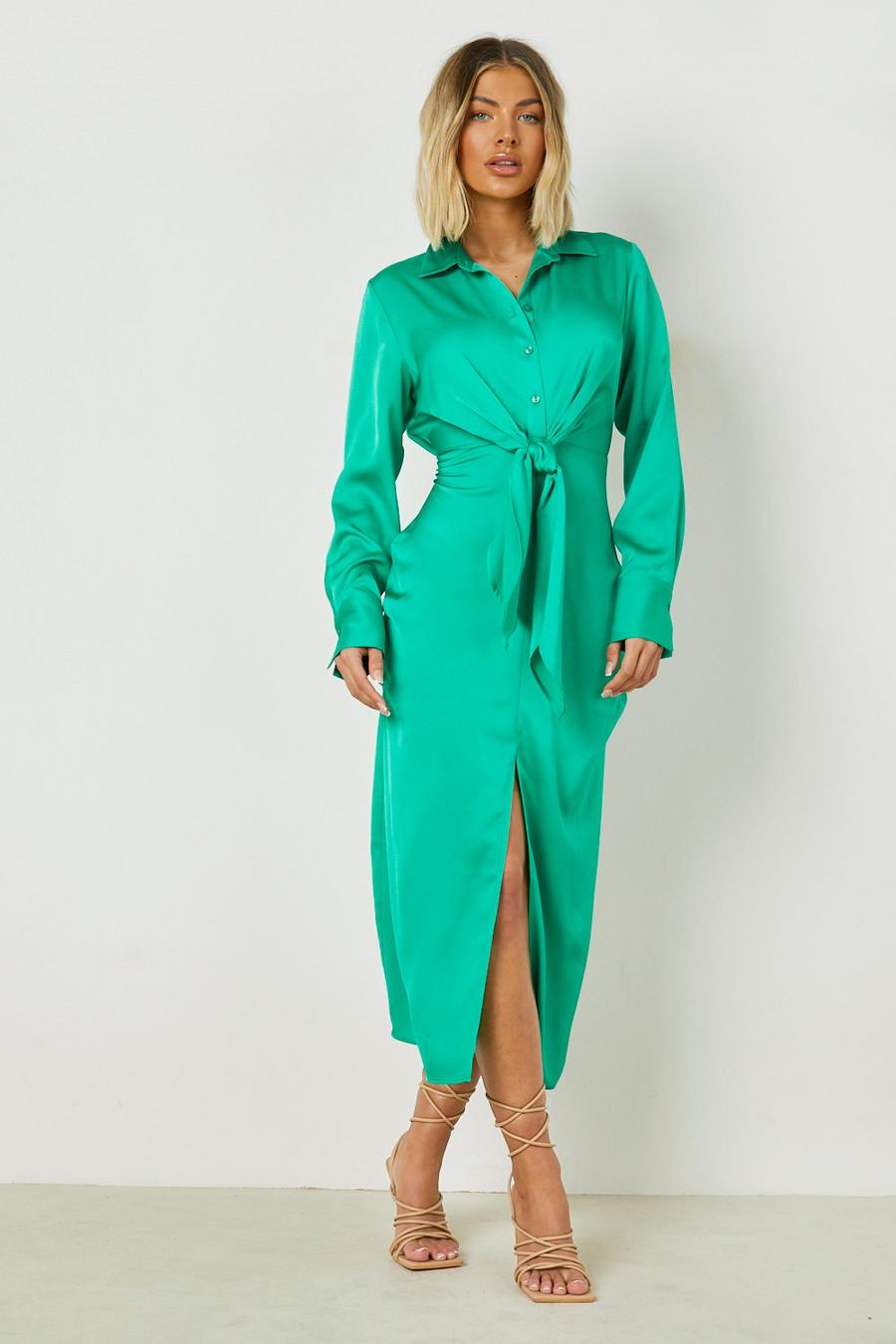 Green Satin Draped Midaxi Shirt Dress