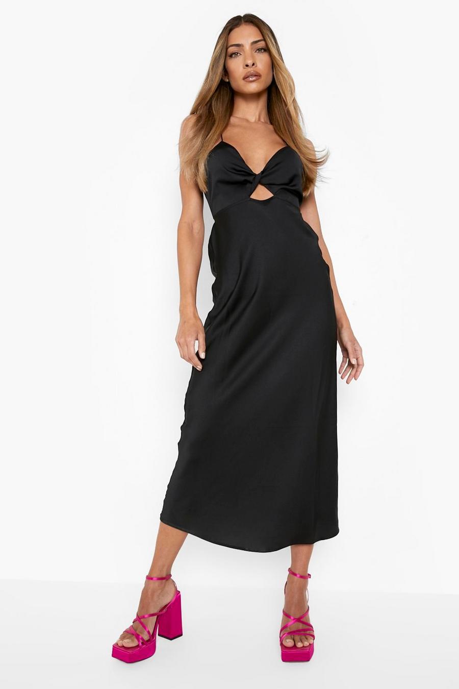 Black שמלת סליפ סאטן באורך מידקסי עם כתפיות דקות וחיתוכים image number 1