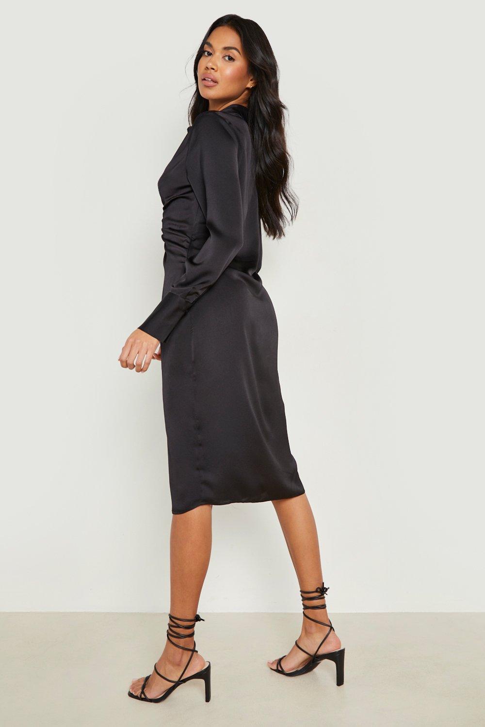 Black satin wrap outlet skirt backless midi dress