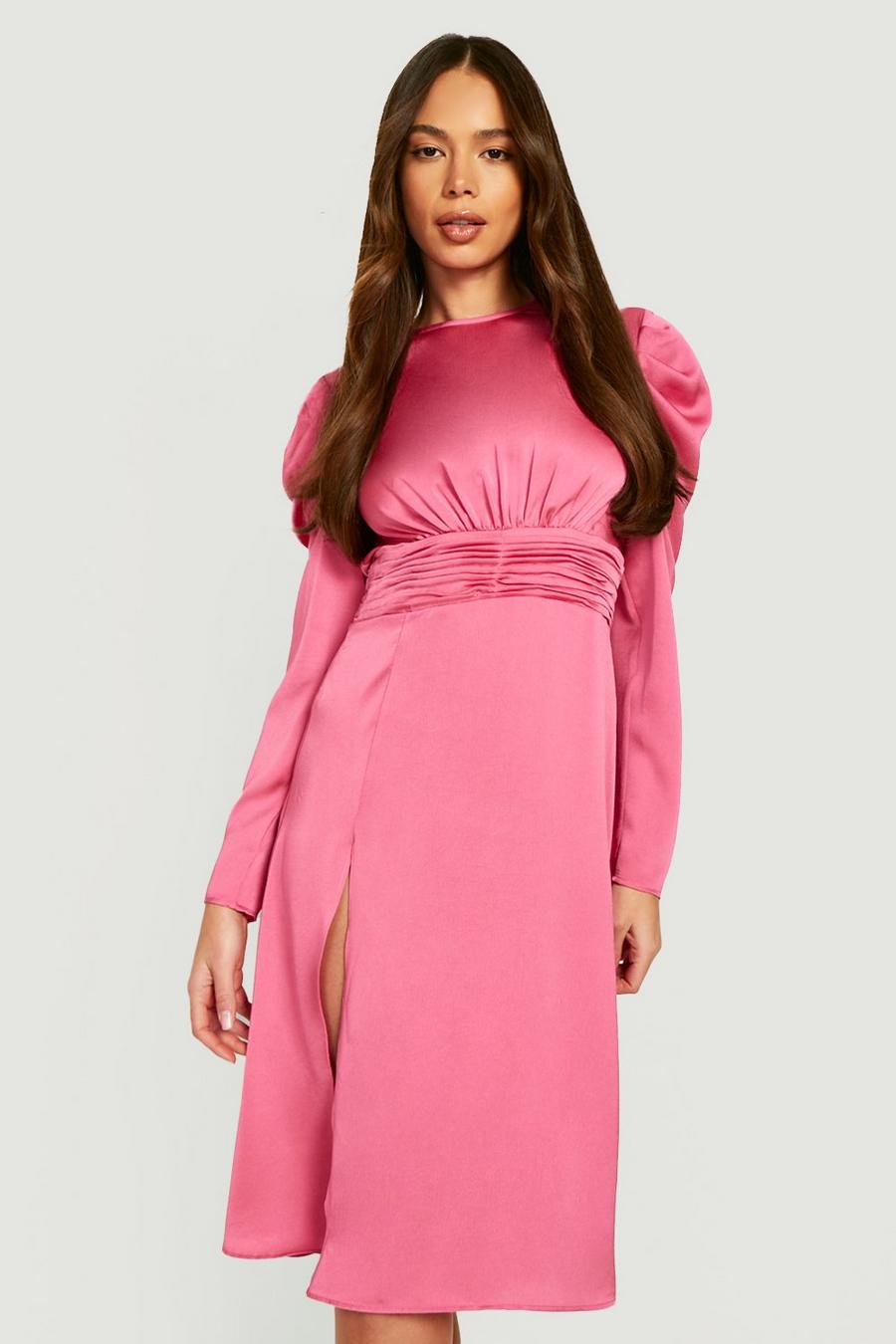 Hot pink Satin Puff Sleeve Split Midi Dress image number 1