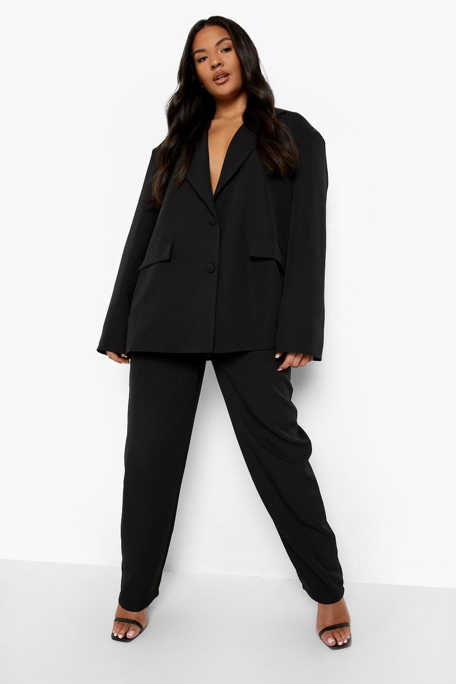 Grande taille - Ensemble de costume blazer oversize et pantalon ample, Black image number 1