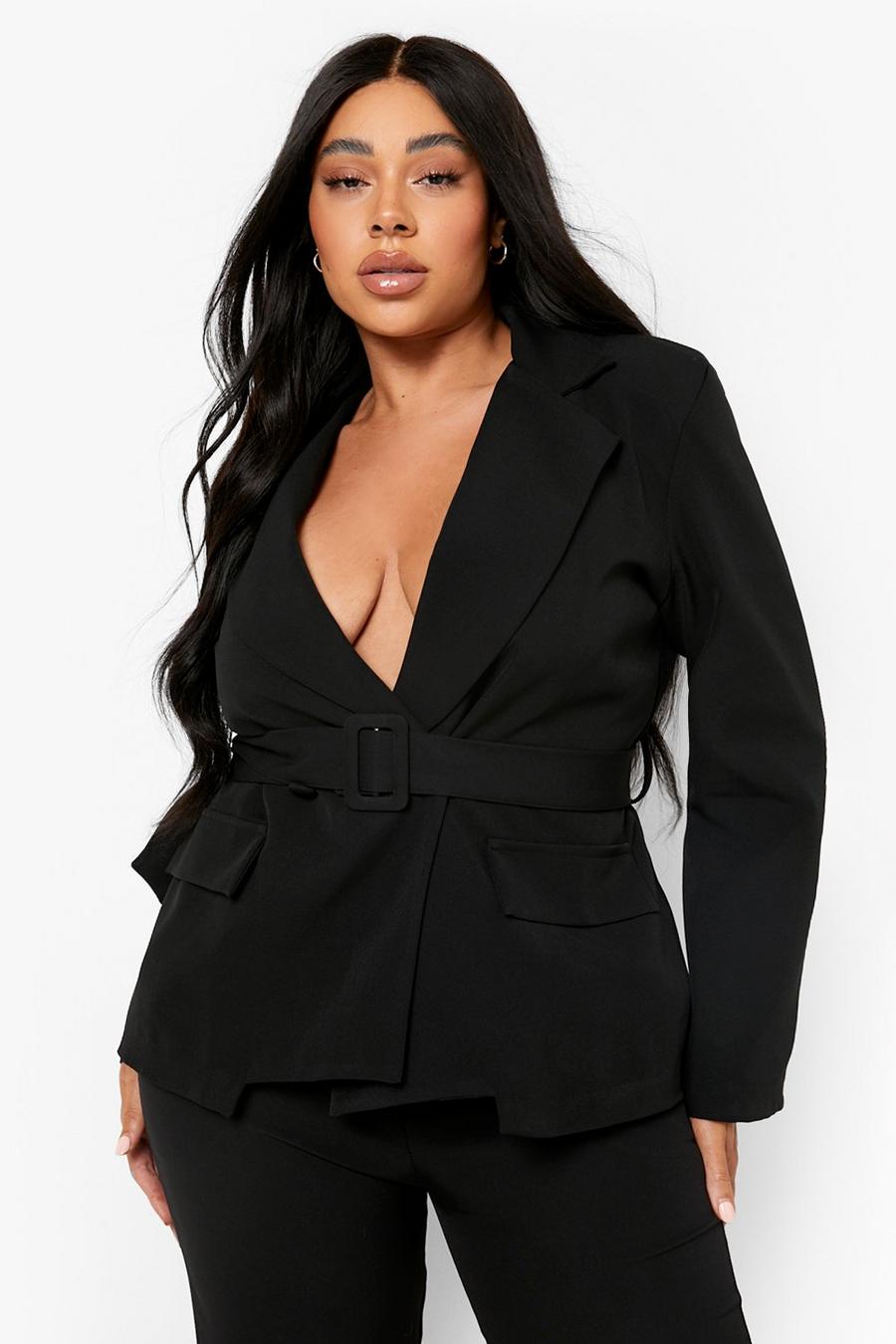 Black Plus Double Breasted Belted Blazer image number 1