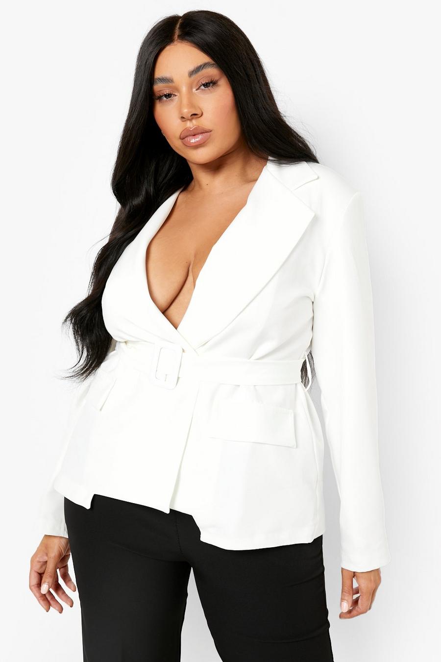 White Plus Double Breasted Belted Blazer image number 1