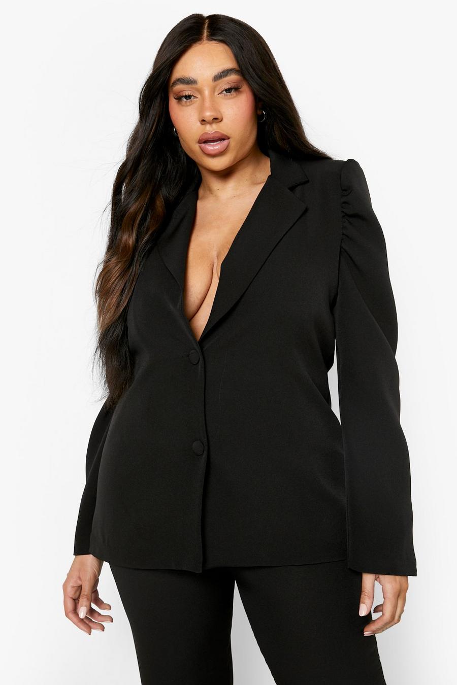 Black Plus Puff Sleeve Double Breasted Blazer image number 1