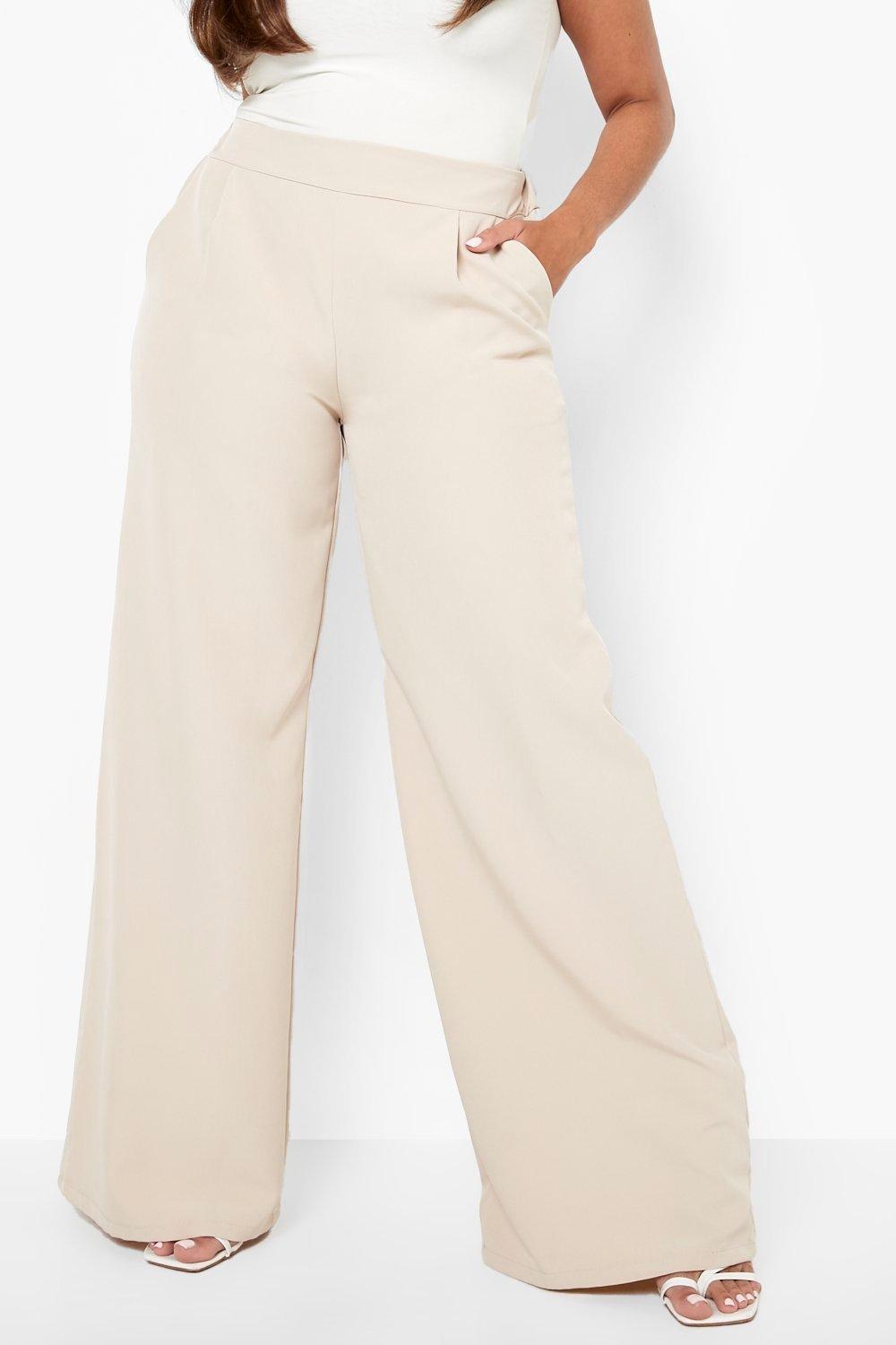 Plus Size Beige Wide Leg Pants High Rise Elastic Waist Front Split