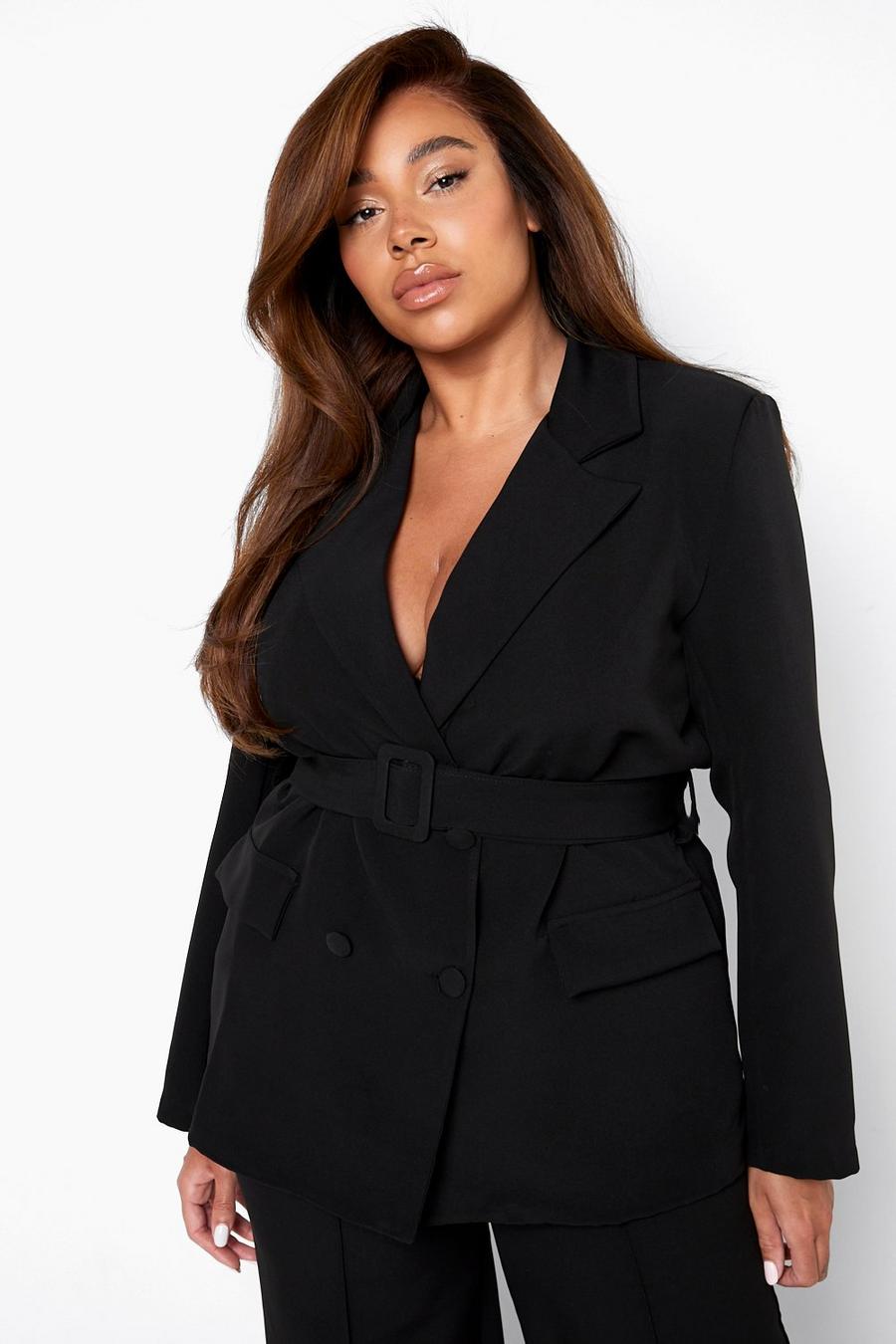 Black Plus Belted Double Breasted Blazer image number 1