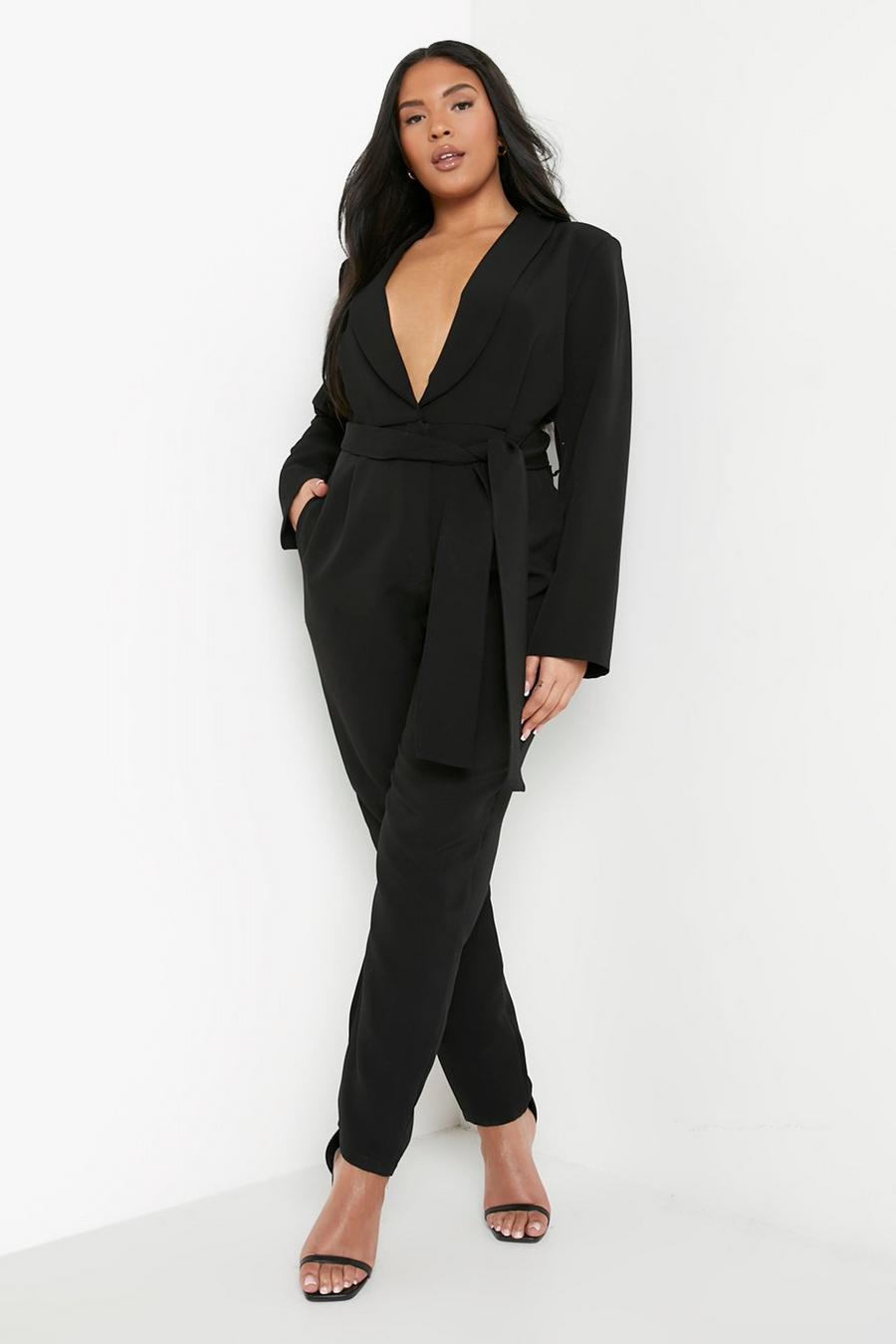 Black Plus Tailored Plunge Tie Waist Jumpsuit image number 1