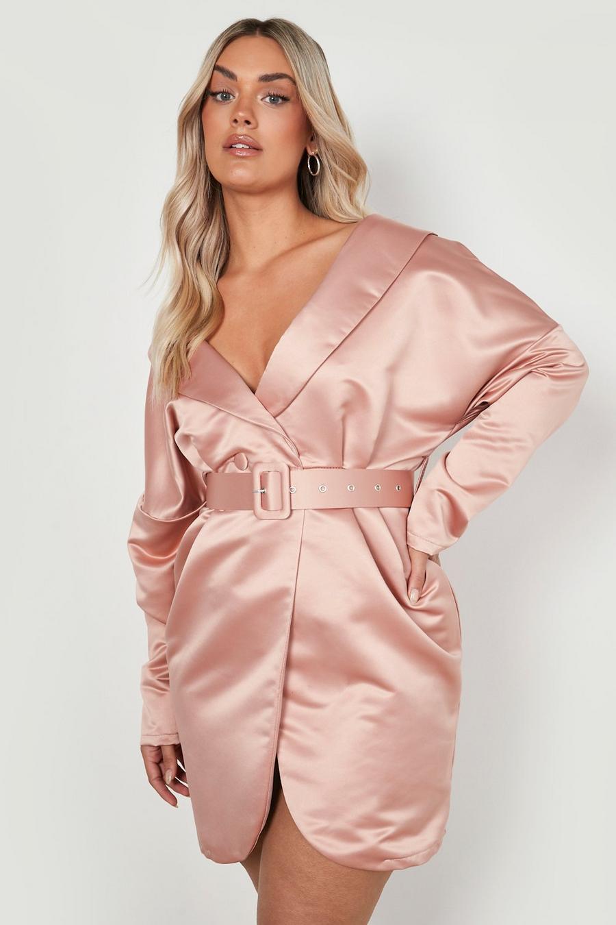 Vestito Blazer Plus Size in raso con spalle scoperte e cintura, Blush rosa