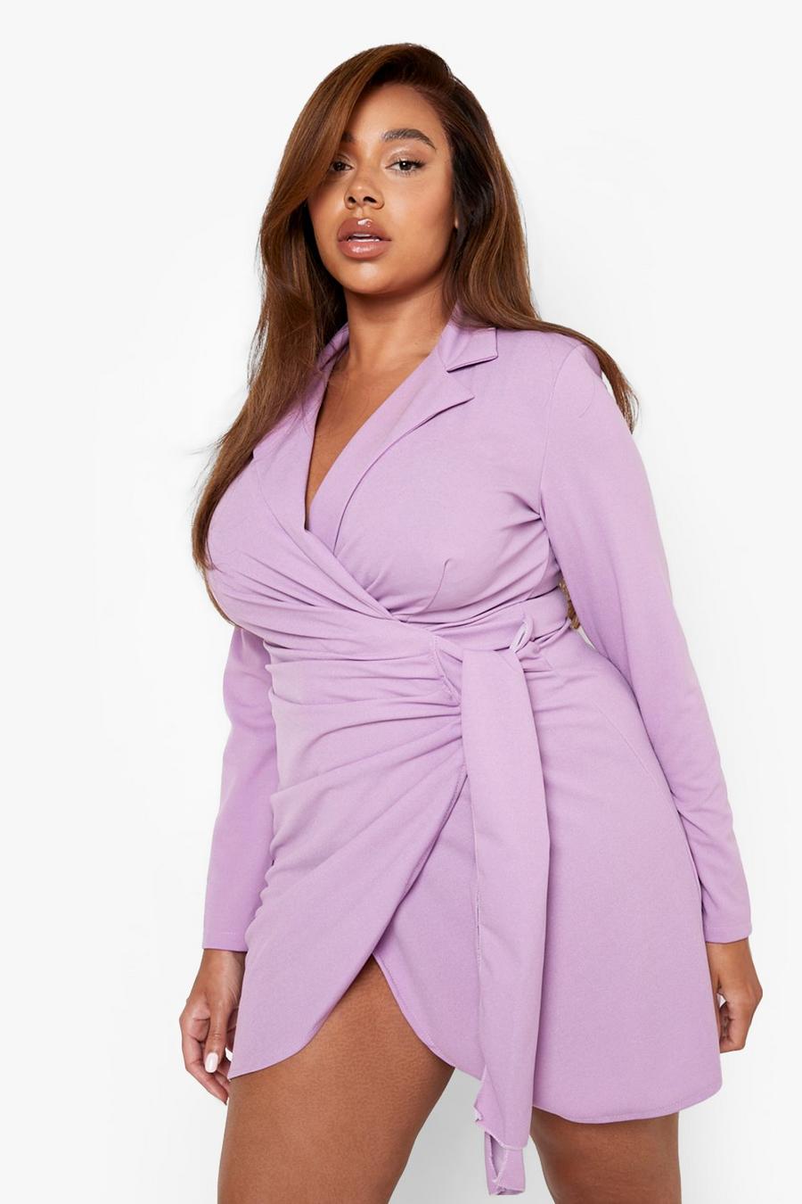 Lilac purple Plus Wrap Sash Detail Blazer Dress