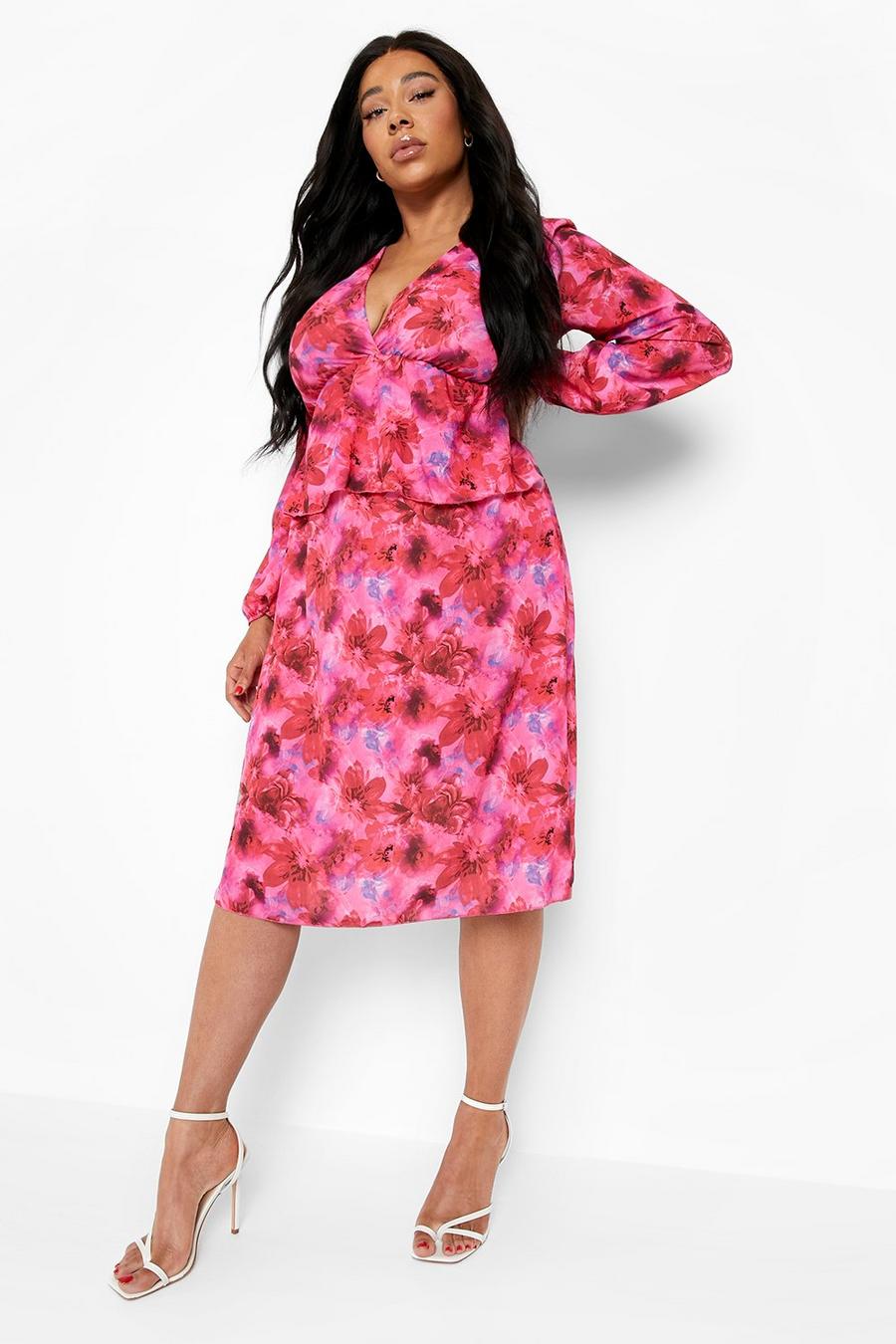 Hot pink Plus Floral Wrap Ruffle Skater Dress image number 1