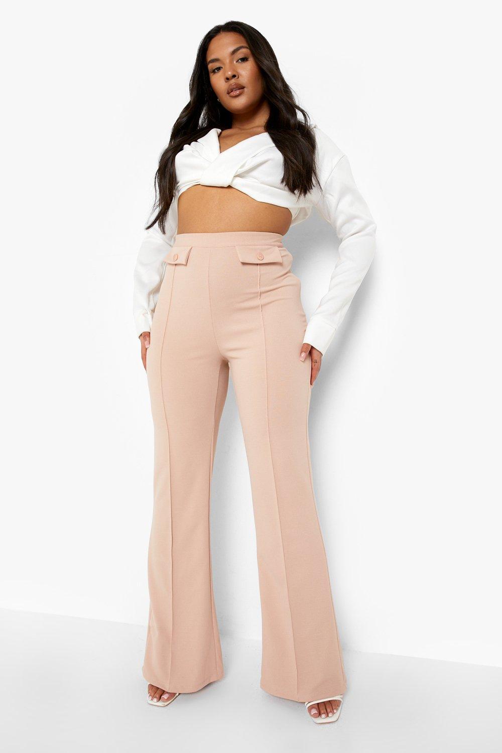 boohoo Plus Button High Waisted Wide Leg Pants - Beige - Size 22