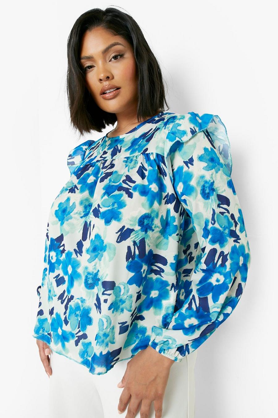 Blue Plus Smudge Floral Ruffle Smock Top image number 1