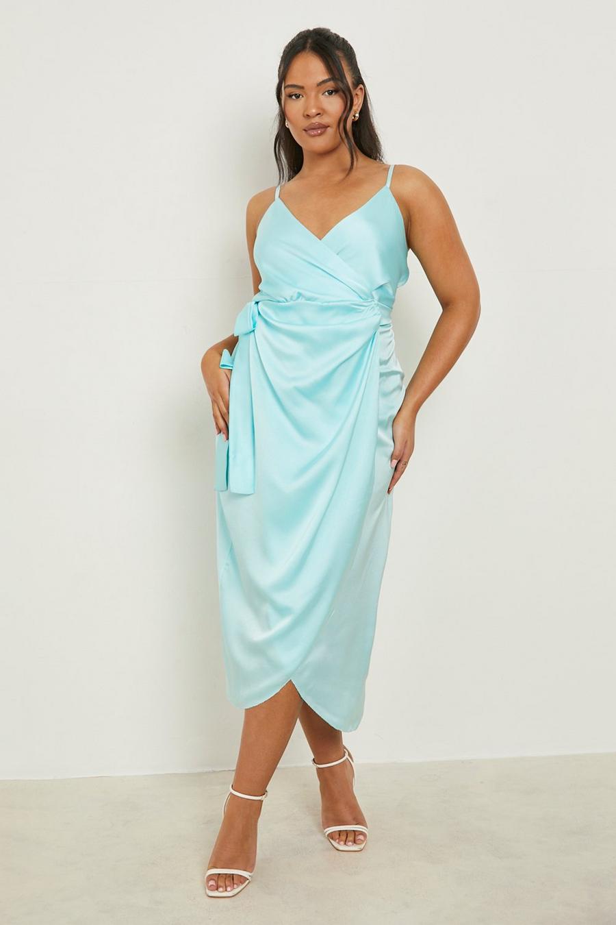 Blue Plus Satin Wrap Strappy Midi Dress image number 1