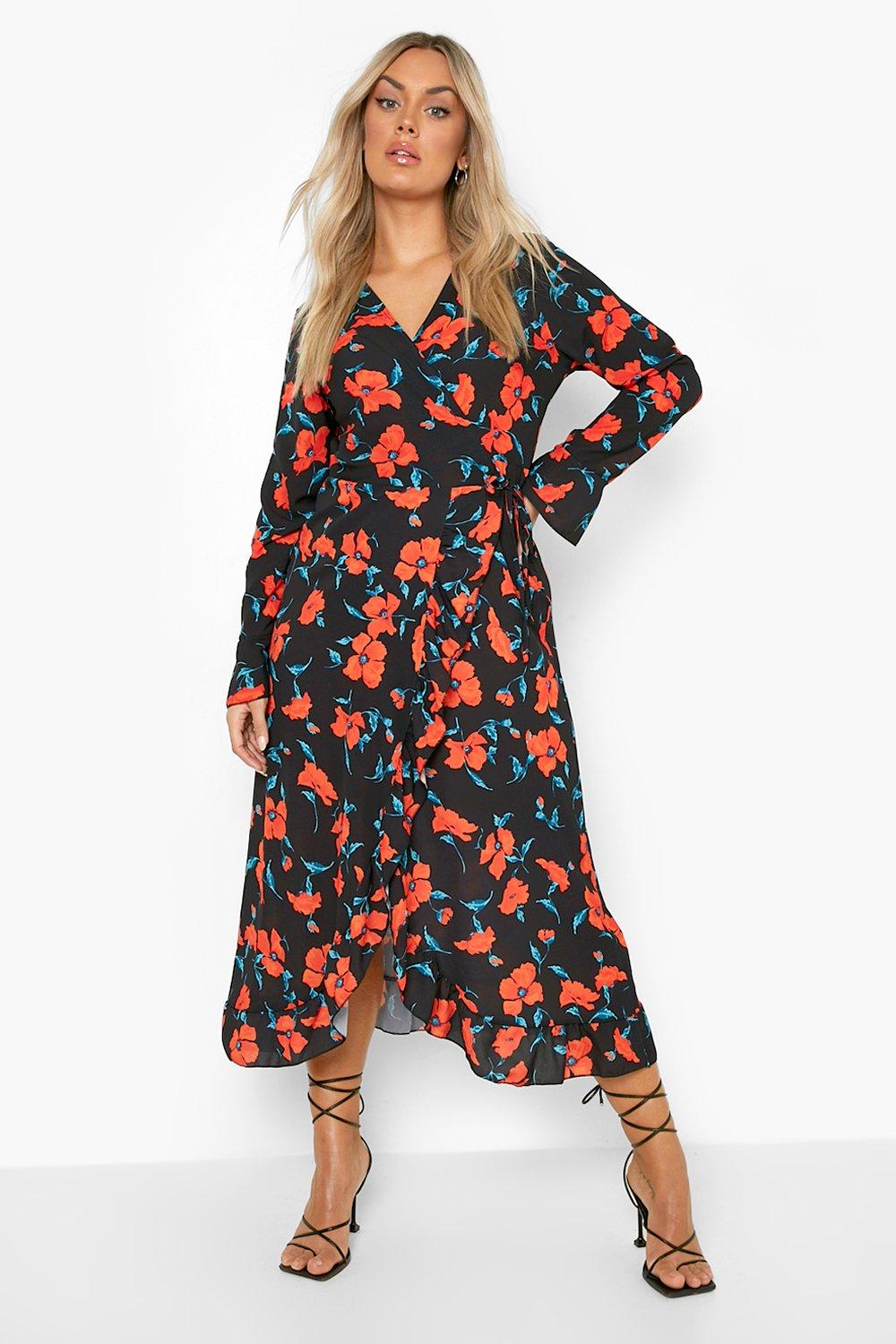 wrap ruffle midi dress