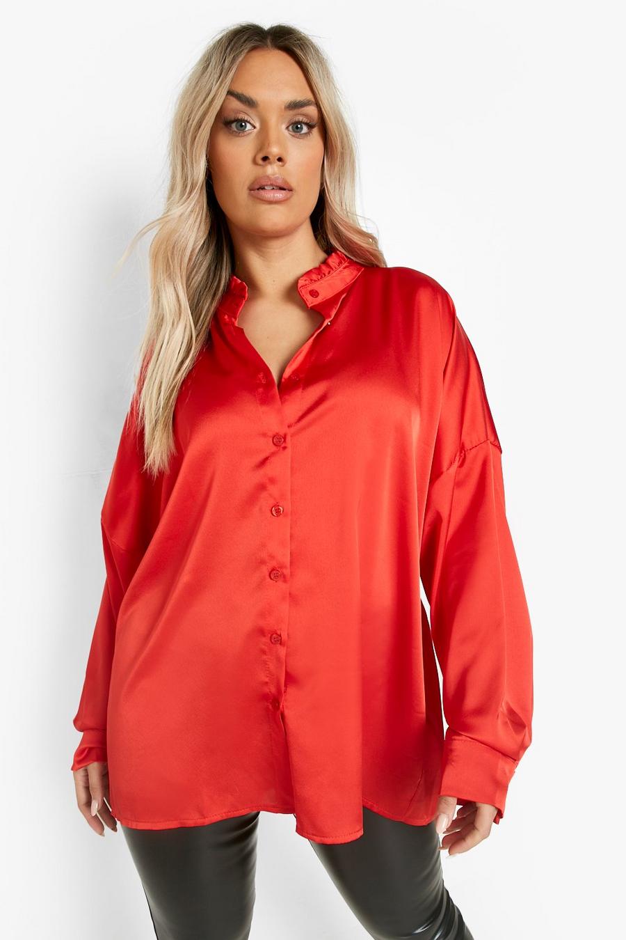 Plus Oversize Satin-Hemd, Red rouge