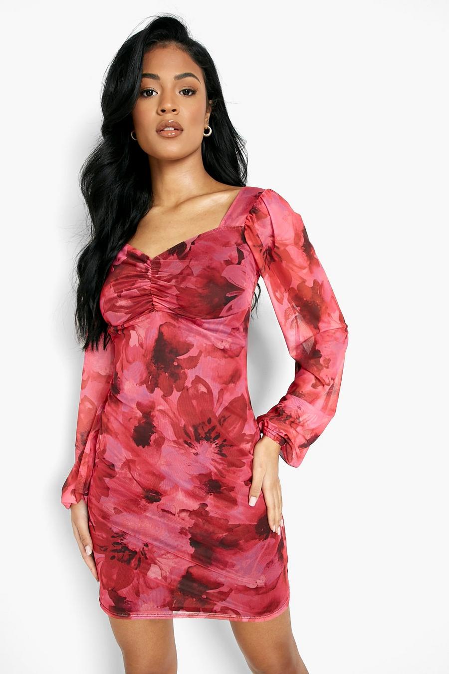 Pink Tall Floral Mesh Volume Sleeve Bodycon Dress image number 1