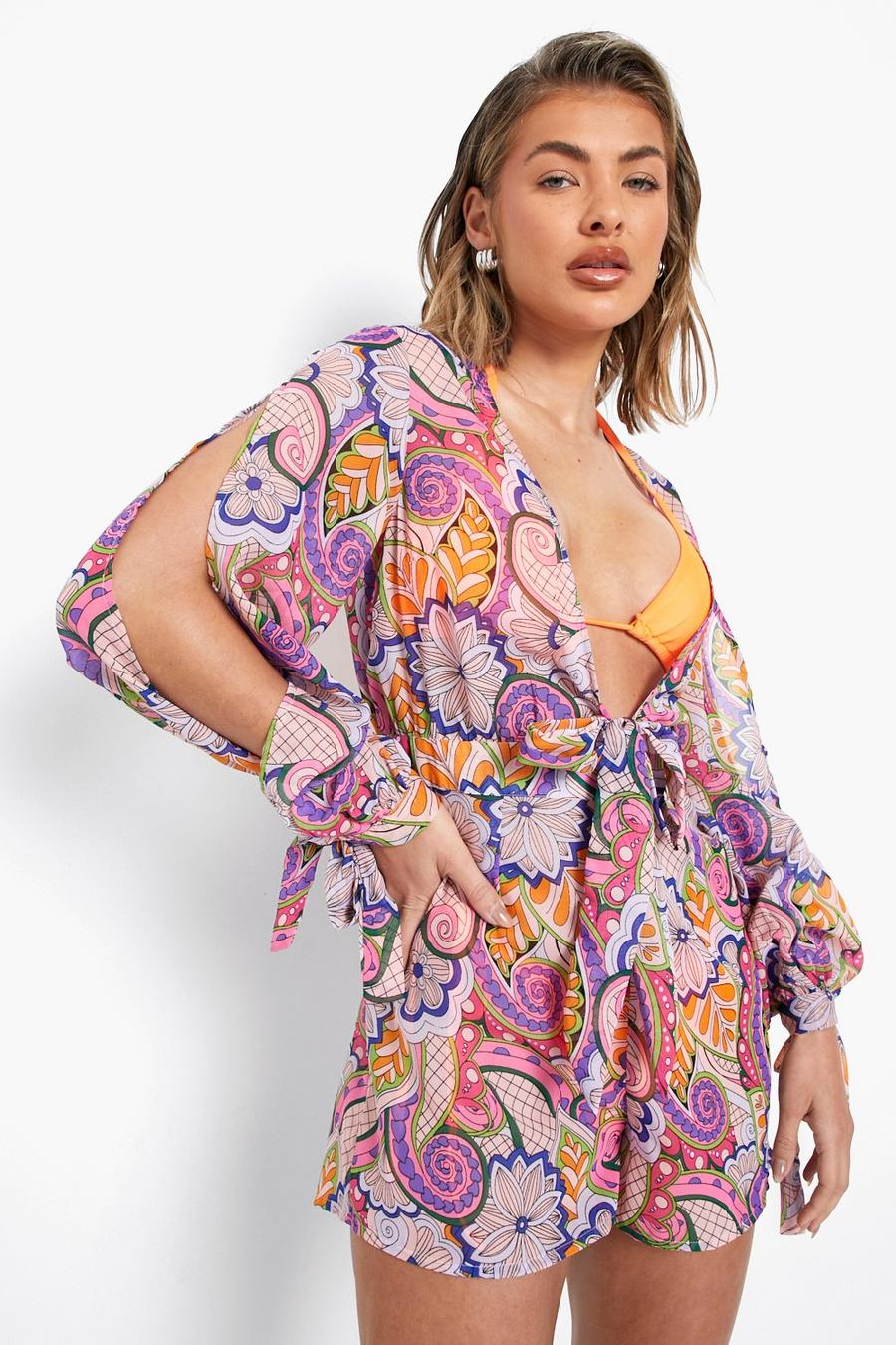 Pink Abstract Floral Chiffon Tie Beach Playsuit image number 1