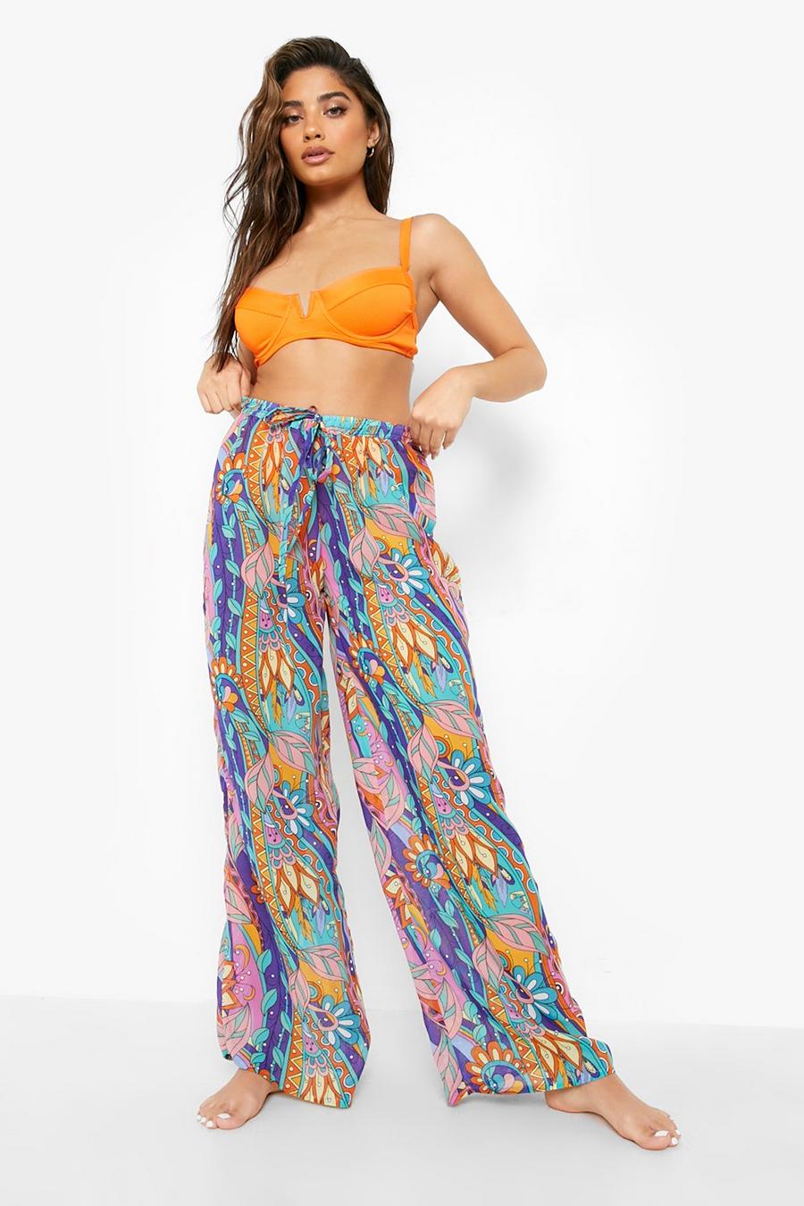 Blue Abstract Floral Chiffon Beach Trousers image number 1