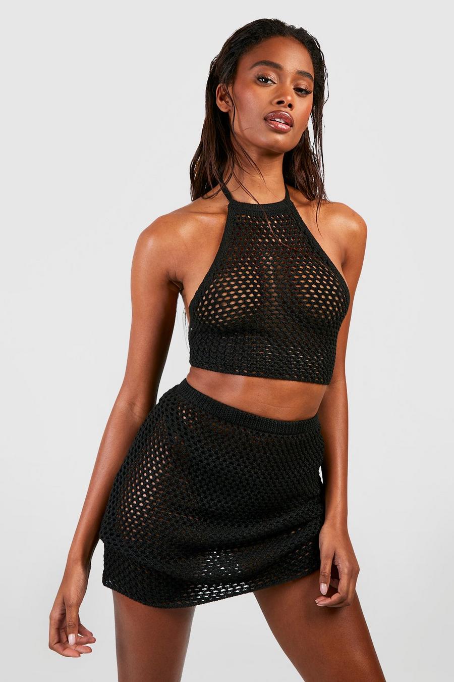 Black Recycled Crochet Top & Skirt Beach Co-Ord Set image number 1