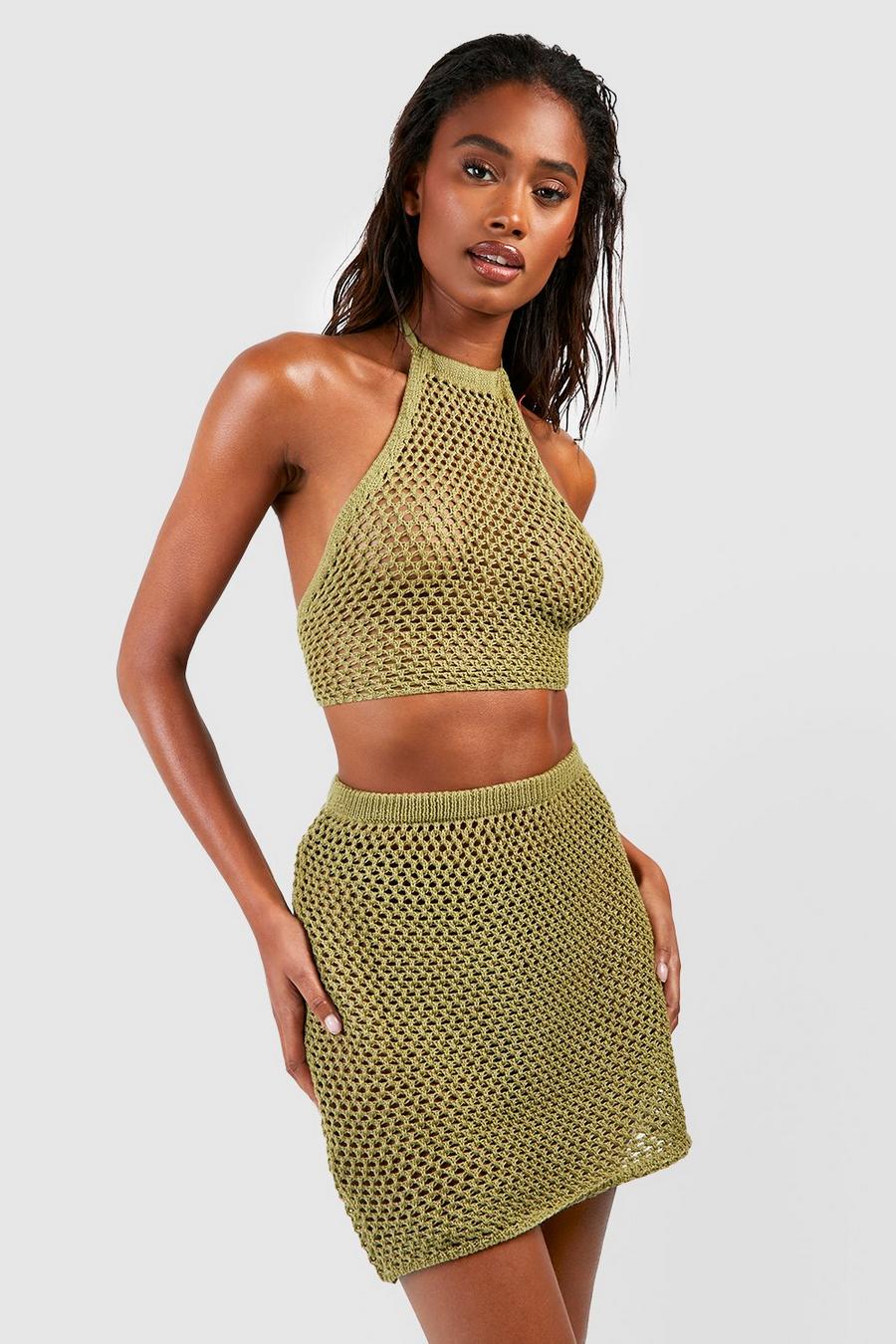 Sage vert Recycled Crochet Top & Skirt Beach Co-ord Set